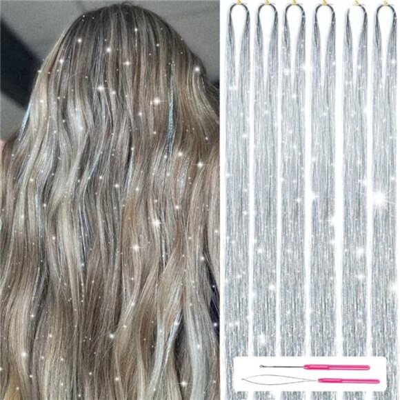 Hair Tinsel Kit With Tools 47Inch 1200  6Pcs (Silver) - Picture 1 of 8